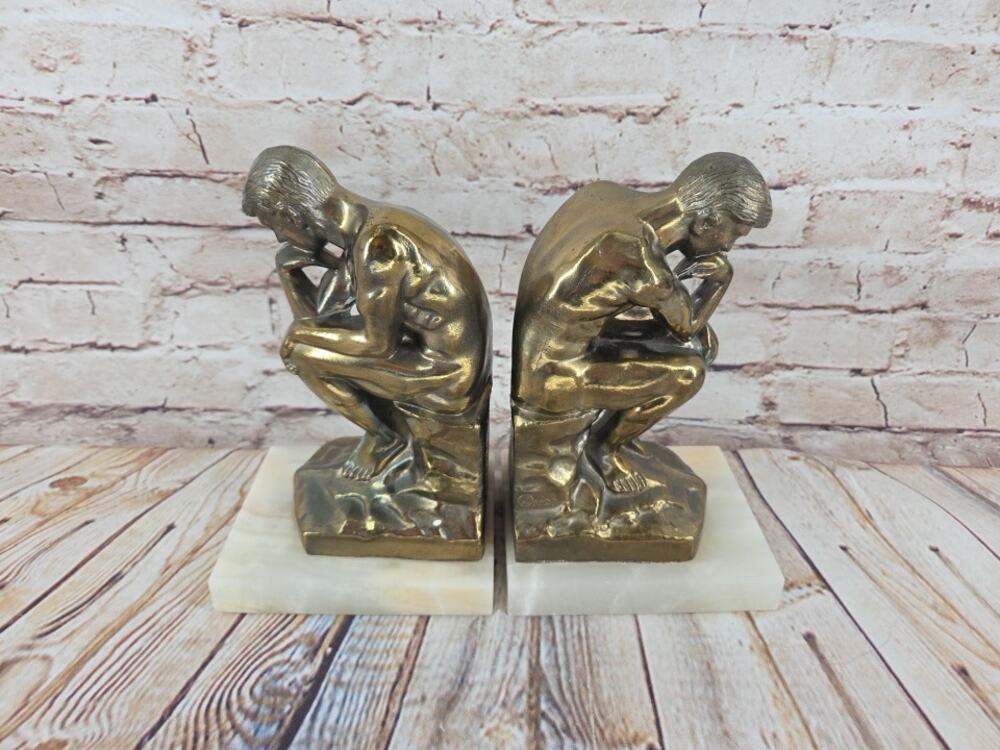 Vintage New Diamond The Thinker Bookends Bronze Clad Onyx Art Deco Pair